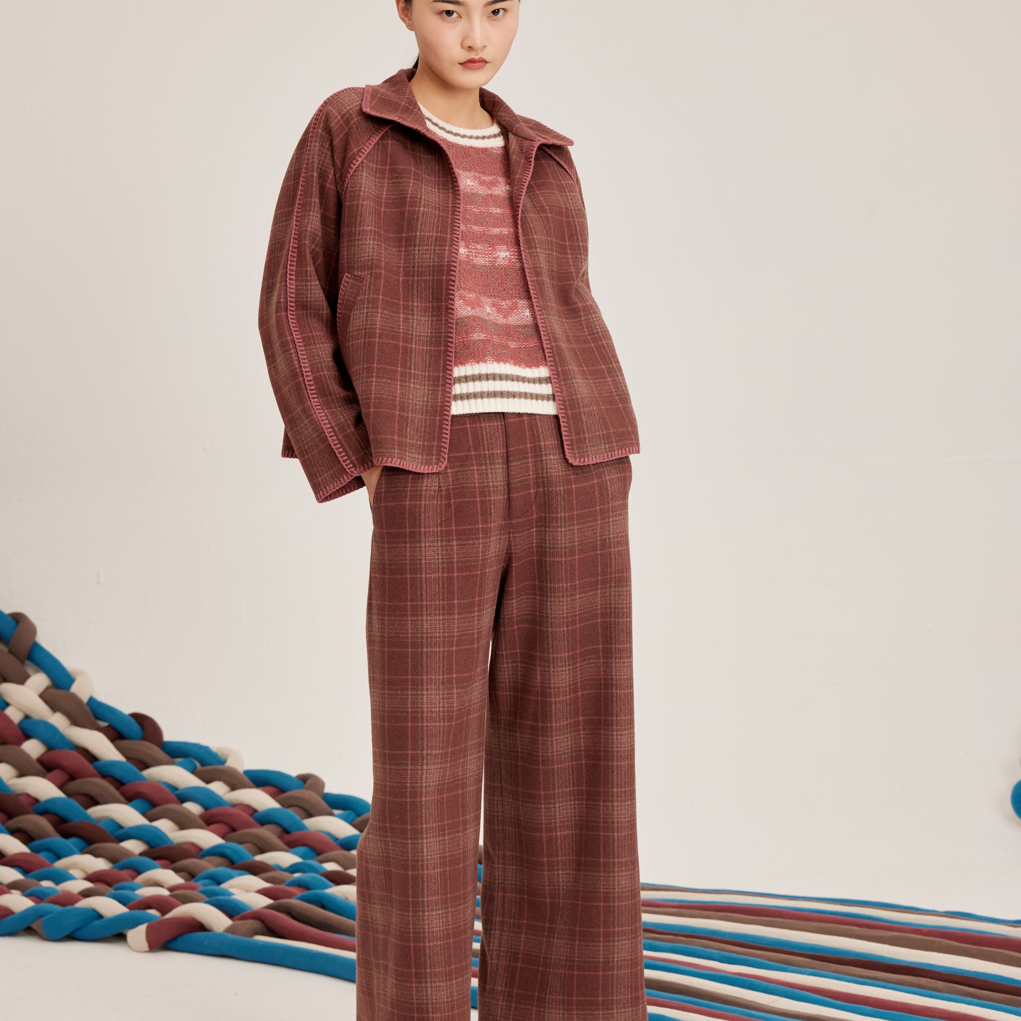 Women's check-pattern cashmere trousers