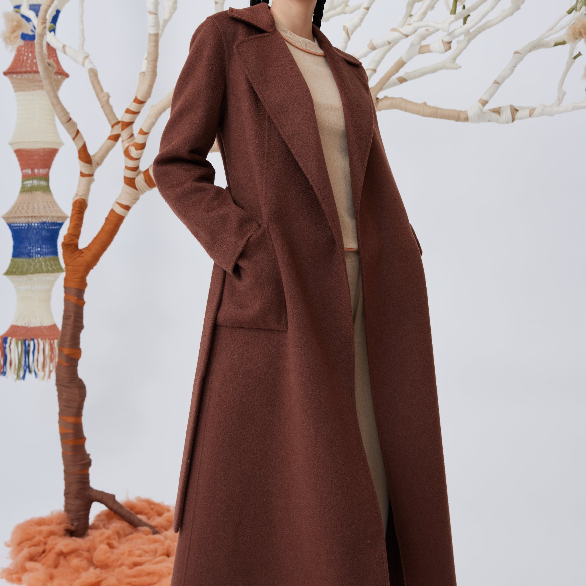 Women's lapel collar long cashmere coat